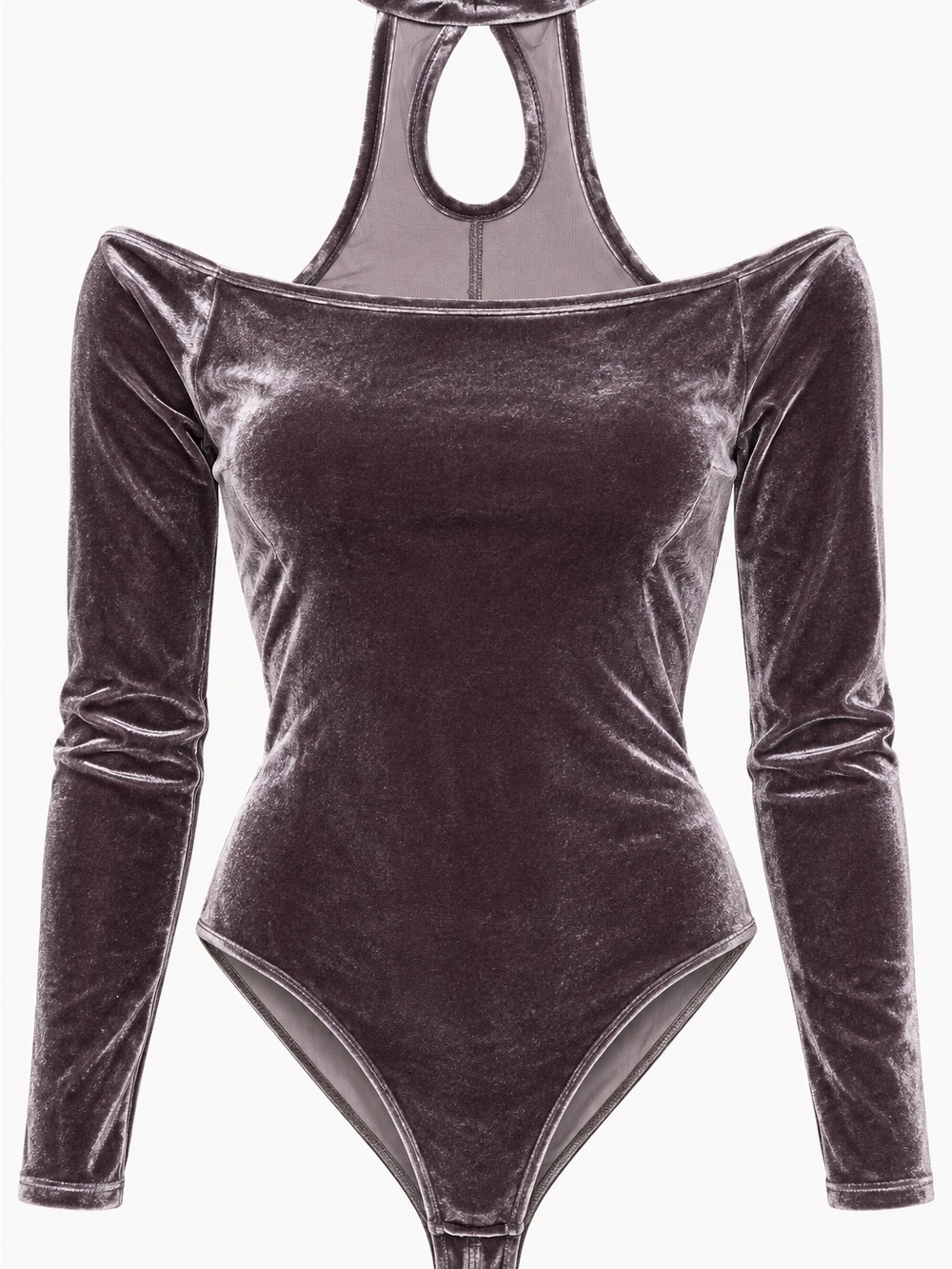 🖤 Velvet Long-Sleeve Cold-Shoulder Bodysuit in Smoky Mauve
